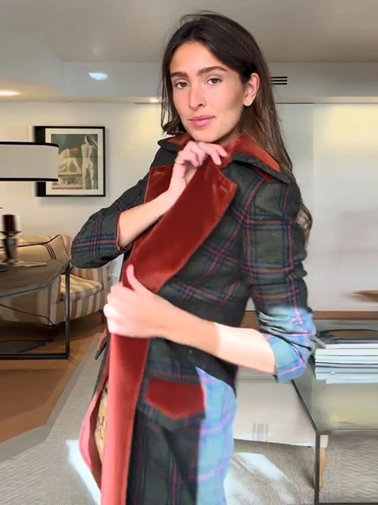 

Fashion Patchwork Women Plaid Long Coat Elegant Red Velvet Lapel Double Breasted Jackets 2026 Spring Chic Lady Outerwear Street