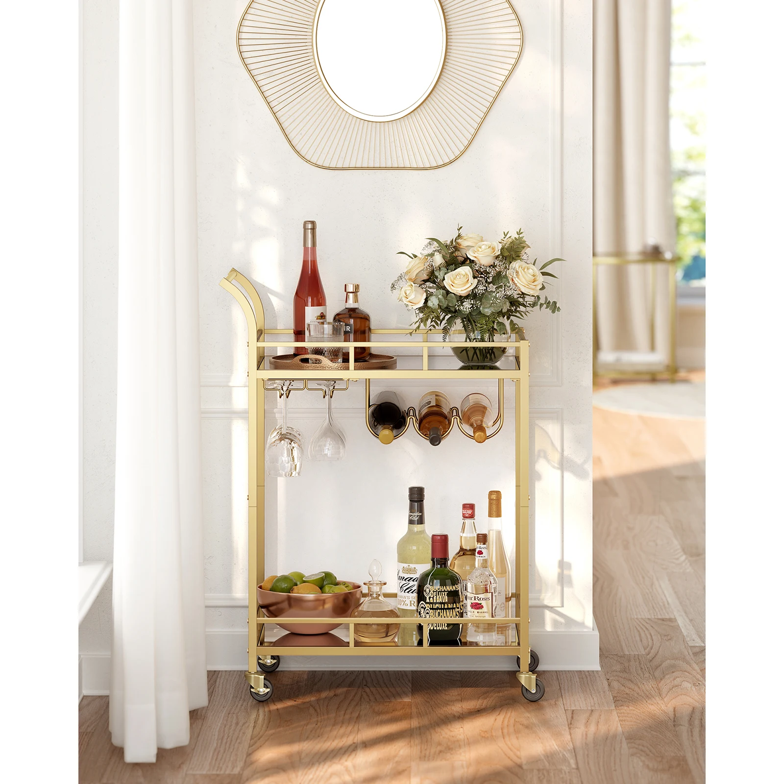 VASAGLE Drinks Trolley, Bar Cart, Serving Trolley with 2 Mirrored Shelves, Wine Holders, Glass Holders, for Home Bar, Kitchen