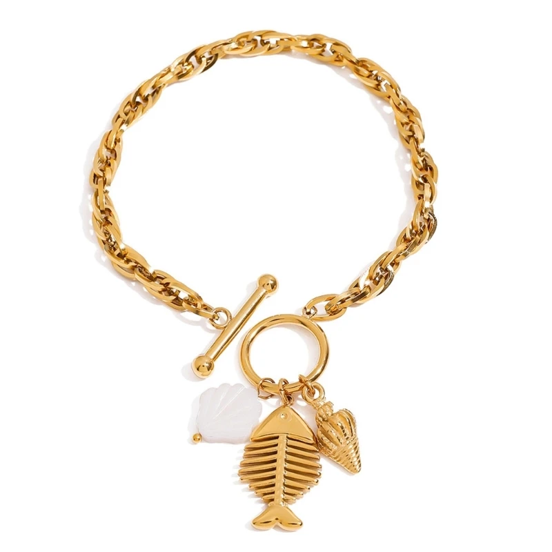 Marine Inspired Adjustable OT Clasp Bracelet Sea Shell Fishbone Conch Pendant Bangle Jewelry For Women Men M76B
