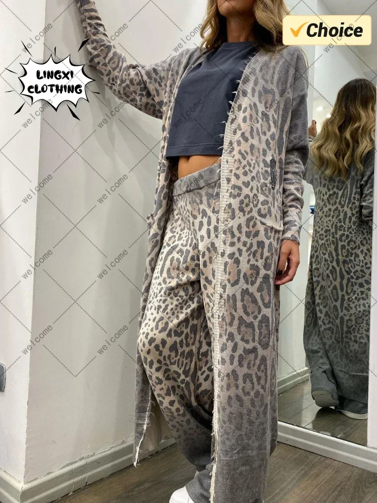 2024 Spring New Leopard Print Long sleeved Cardigan Coat Long Pants Set Two piece Women\'s Casual Robe Loose Set