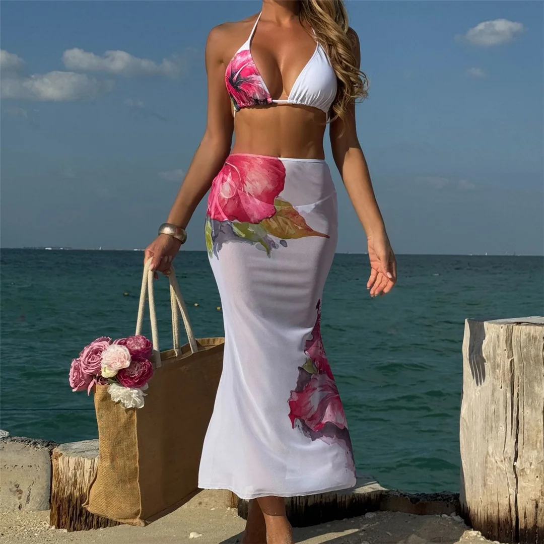 Blumenmuster mit Rock, Neckholder-Bikini, Damen-Badebekleidung, dreiteiliges Bikini-Set, Damen-Badeanzug, Badebekleidung, Badeanzug, Schwimmkleidung V6637 – Detail 22
