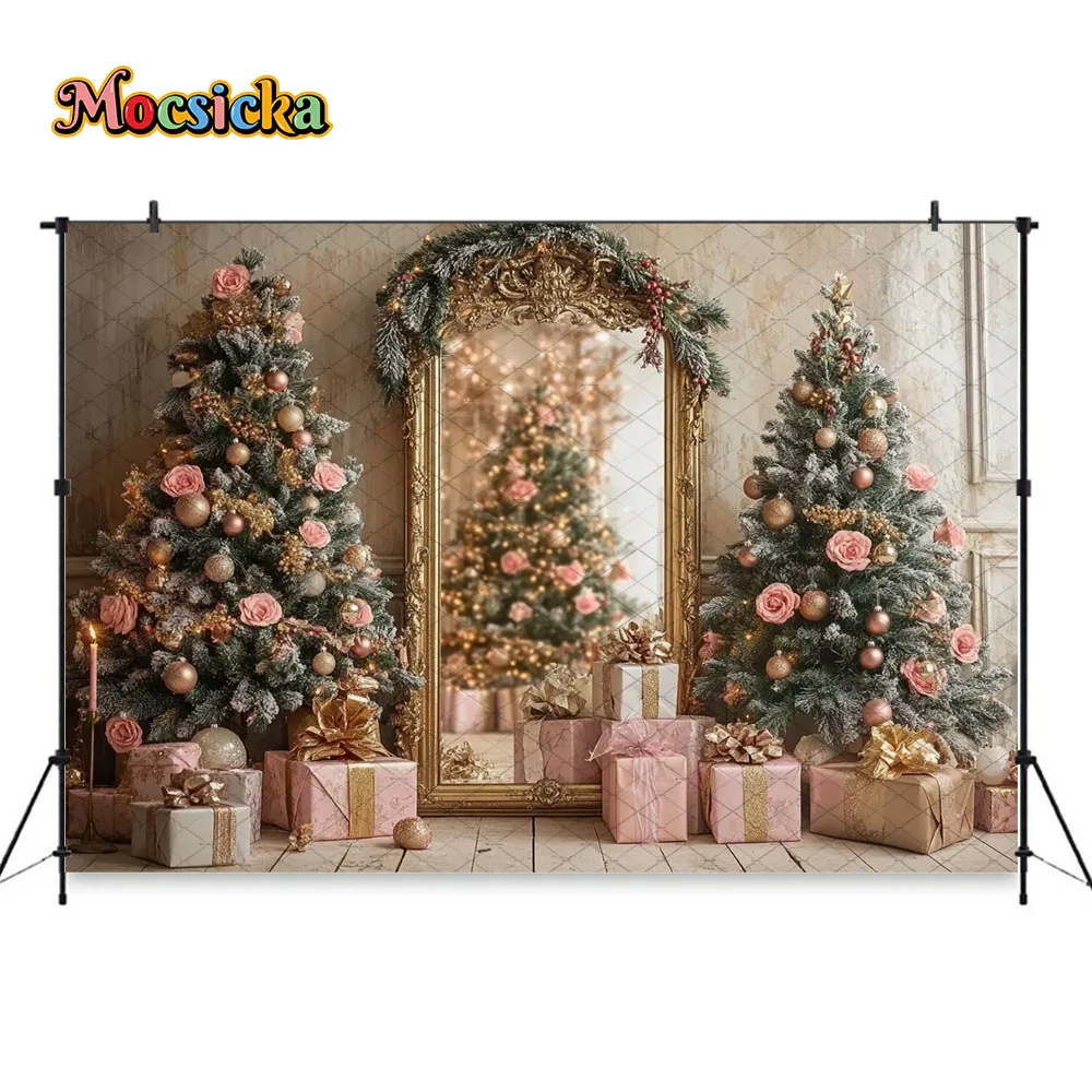 Mocsicka Золотая Рождественская фоторамка фон для фотосъемки рождественская елка подарок розовый цветок бант фон зимняя детская фотостудия для девочек