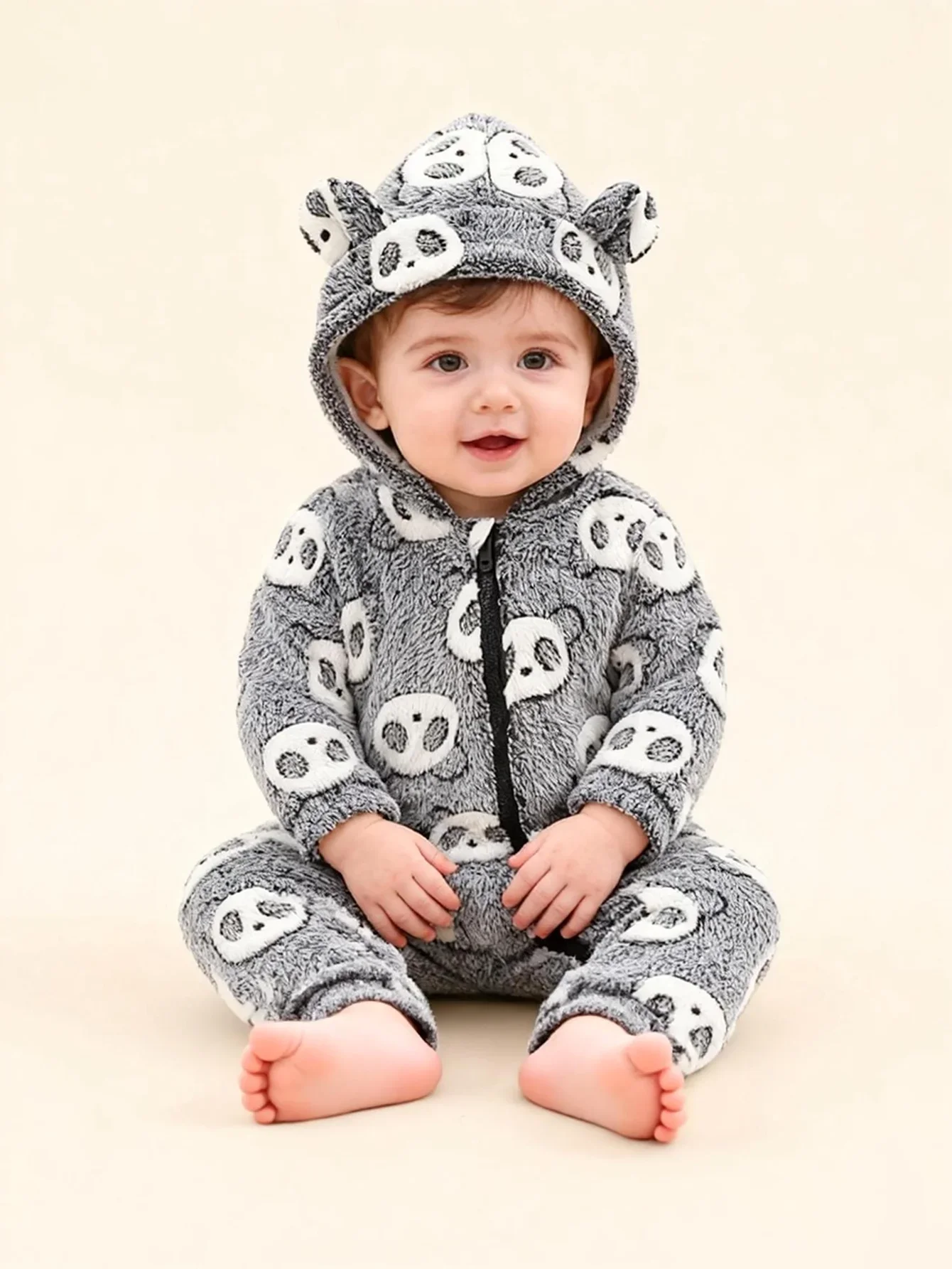 Baby Boys Cartoon Printed Zipper Hooded Long-Sleeved Overalls Fashionable Cute Long-Legged Romper Suit for Winter