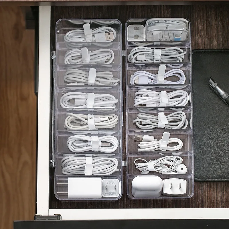 Cable Storage Box Headphone Data Cable Charging Cable Organizer Desktop Stationery with Transparent Plastic Data Organizer