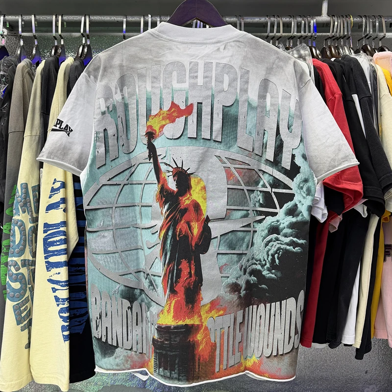 New Y2K Liberty Statue Back Print Tee Washed Hot‑fix Rhinestones Gradient Loose‑fit Punk Street Roughplay T‑shirs