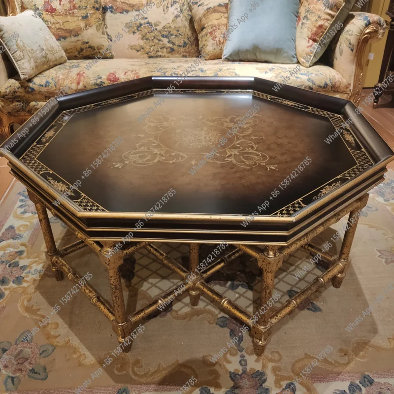 French European style country style sticker gold foil hand painted dark black brown octagonal tray shape coffee table
