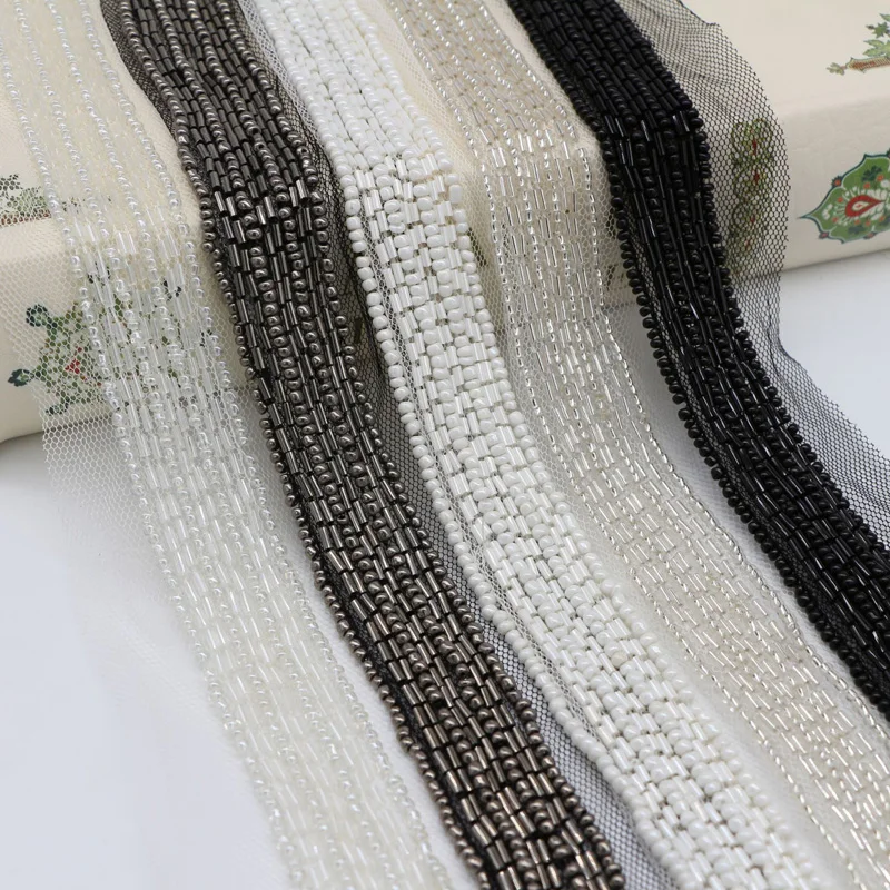 2Yards White Black Pearl Mesh Lace Tape 25mm Beaded Lace Trim Ribbon For Sewing Clothing Wedding Dress Materials