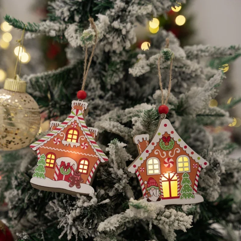 Christmas Tree Decorations Luminous Christmas Cottage Ornaments Christmas Wooden Pendant Home Decor DIY Kids Toys Gifts