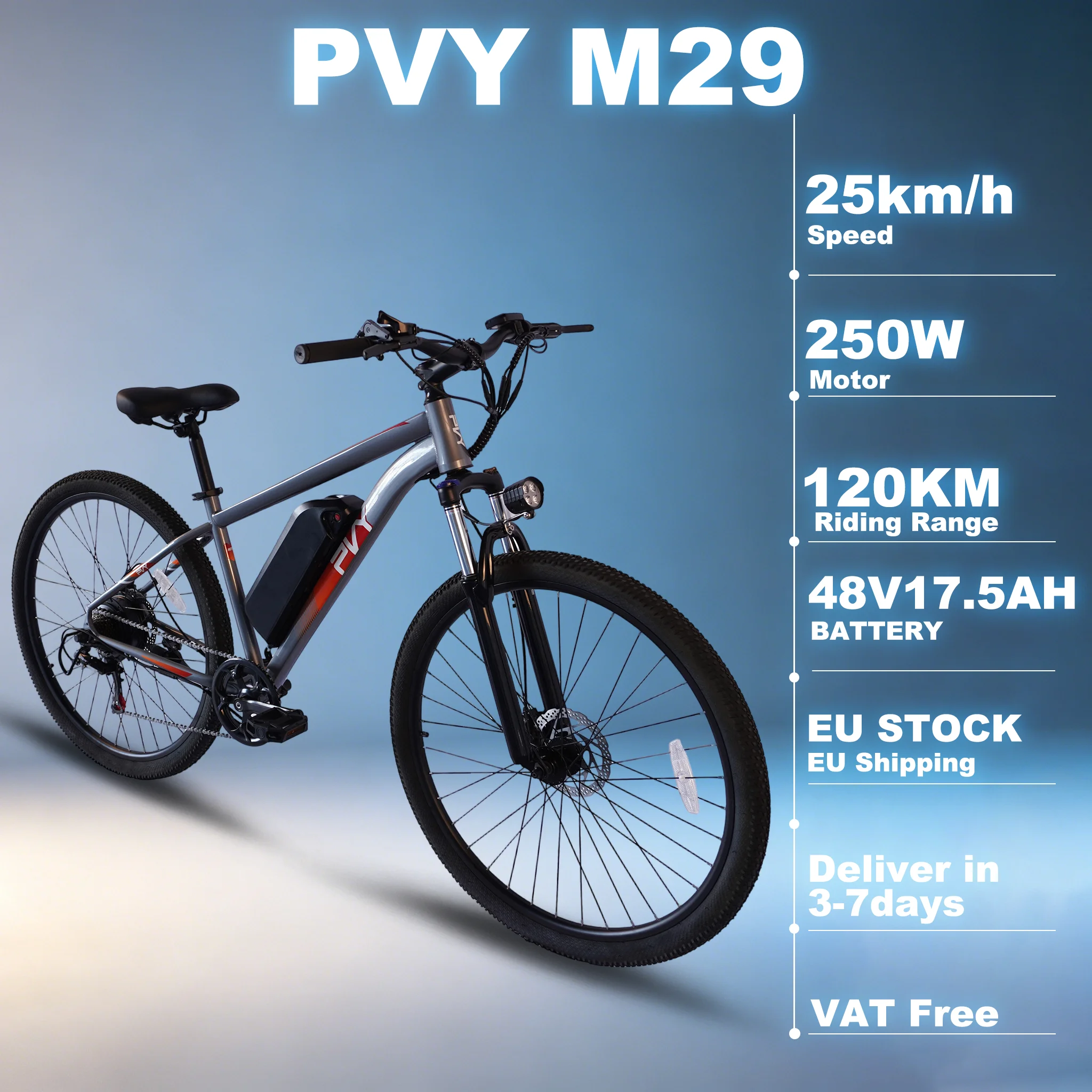 PVY M29 Bicicleta Elétrica Urbana Todoterreno Adulta Neumático 29 Pulgadas,Batería de Litio 48V17.5Ah 840Wh,Autonomía 120KM,Motor nominal 250W máximo 500W,25km/h,Suspensión Bloqueable,50Nm,E-bike con control por APP