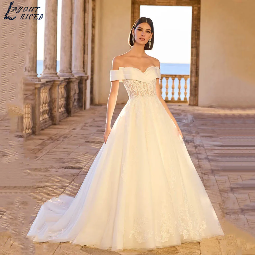 

Off Shoulder Classic Wedding Dress A-line Backless Appliques Exquisite Bride Gowns Sweetheart Tulle vestidos de novia Customized