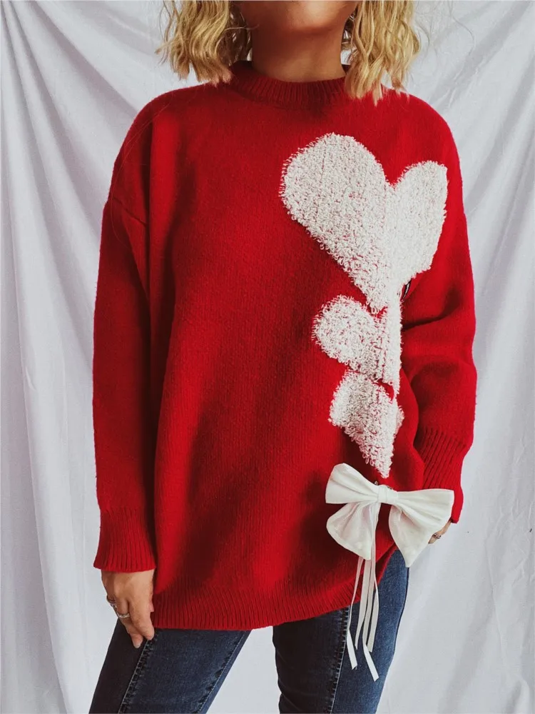 Ugly Christmas Heart Jacquard Sweater Women Fashion Bow Lace Up Knitted Pullover Autumn Winter 2024 New Loose Long Sleeve Jumper