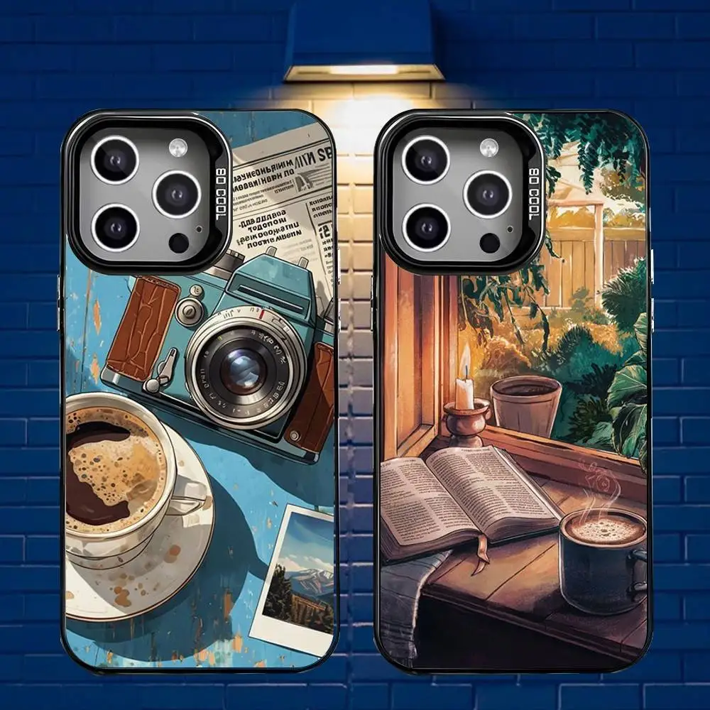 

Coffee and Camera Phone Case For iPhone 16,15,14,13,12,11,Mini,Pro,E,MAX Gray Matte Silicone Black Cover