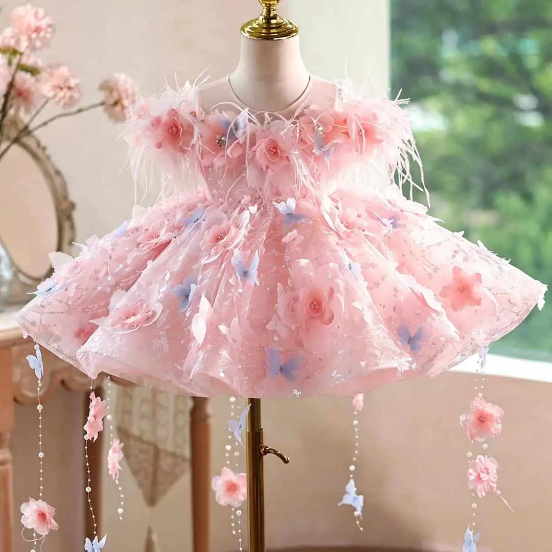 

Jill Wish J914 Luxury Pink Floral Applique Flower Girl Dress with Feather Trim and Butterfly Tassels Princess Birthday PartyGown