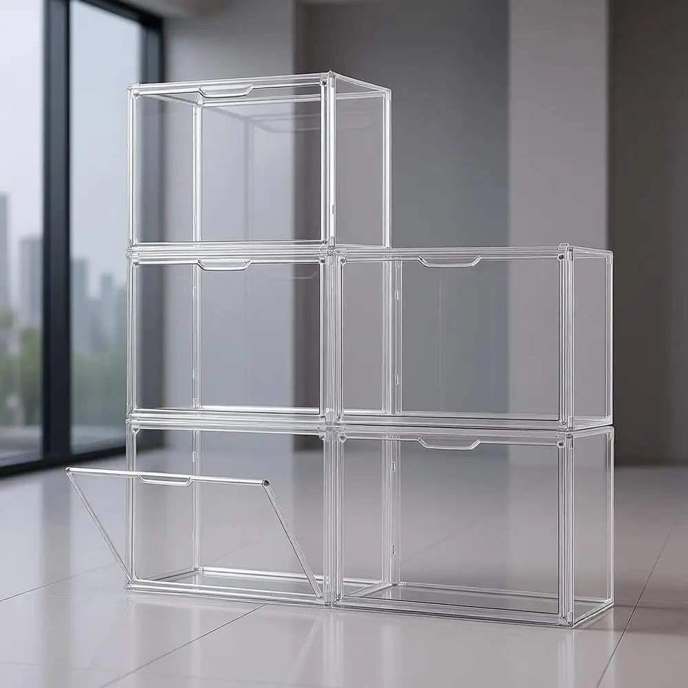 

5-Piece Stackable Storage Bins for Closets, Clear Acrylic Display Case with Magnetic Closure, Ideal for Handbags, Heels, and Col
