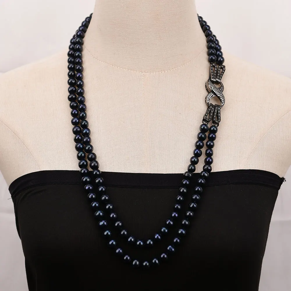 

G-G 2 Rows Natural Black Potato Shape Pearl Long Necklace Cz Clasp 25''