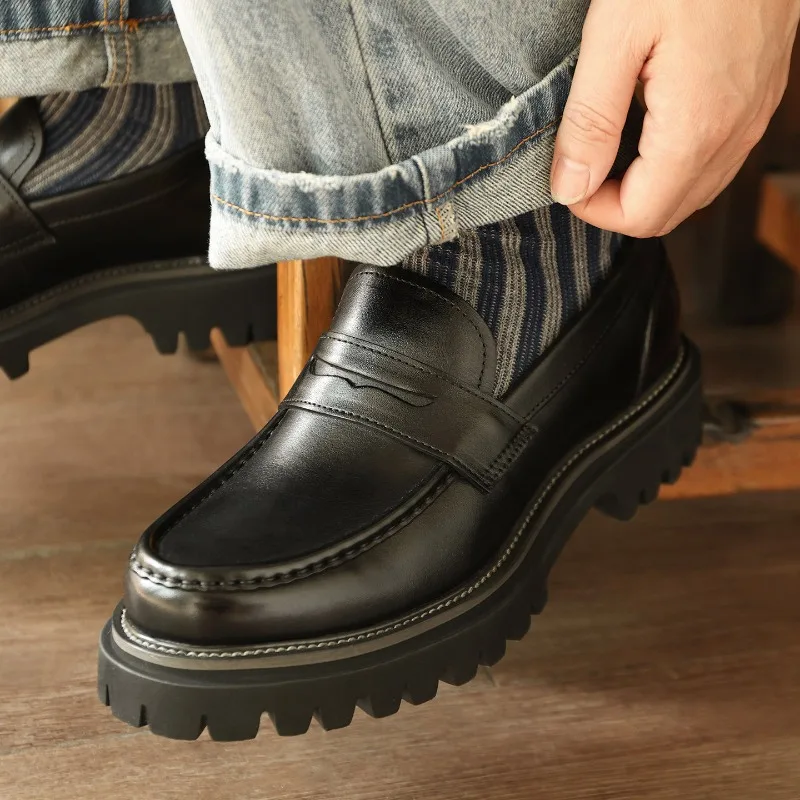 British Genuine Leather Thick Sole Business Casual Leather Shoes Men's Fashion Dress Office Wedding Gentleman Style Loafers Male