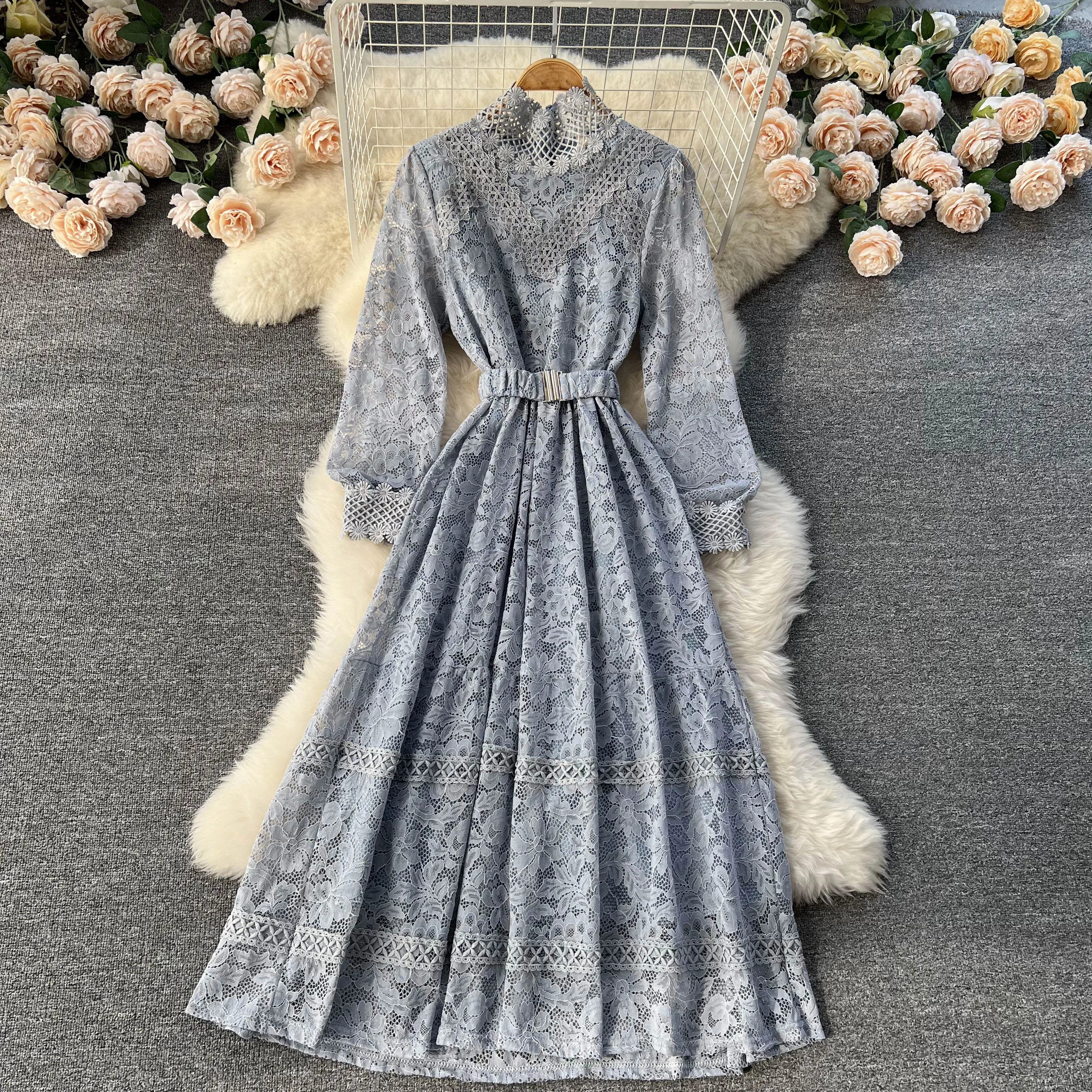 2024 New Spring Autumn Women Stand Collar Long Sleeve Belt Slim Long Dress High Quality Elegant Retro Floral Lace Runway Dress