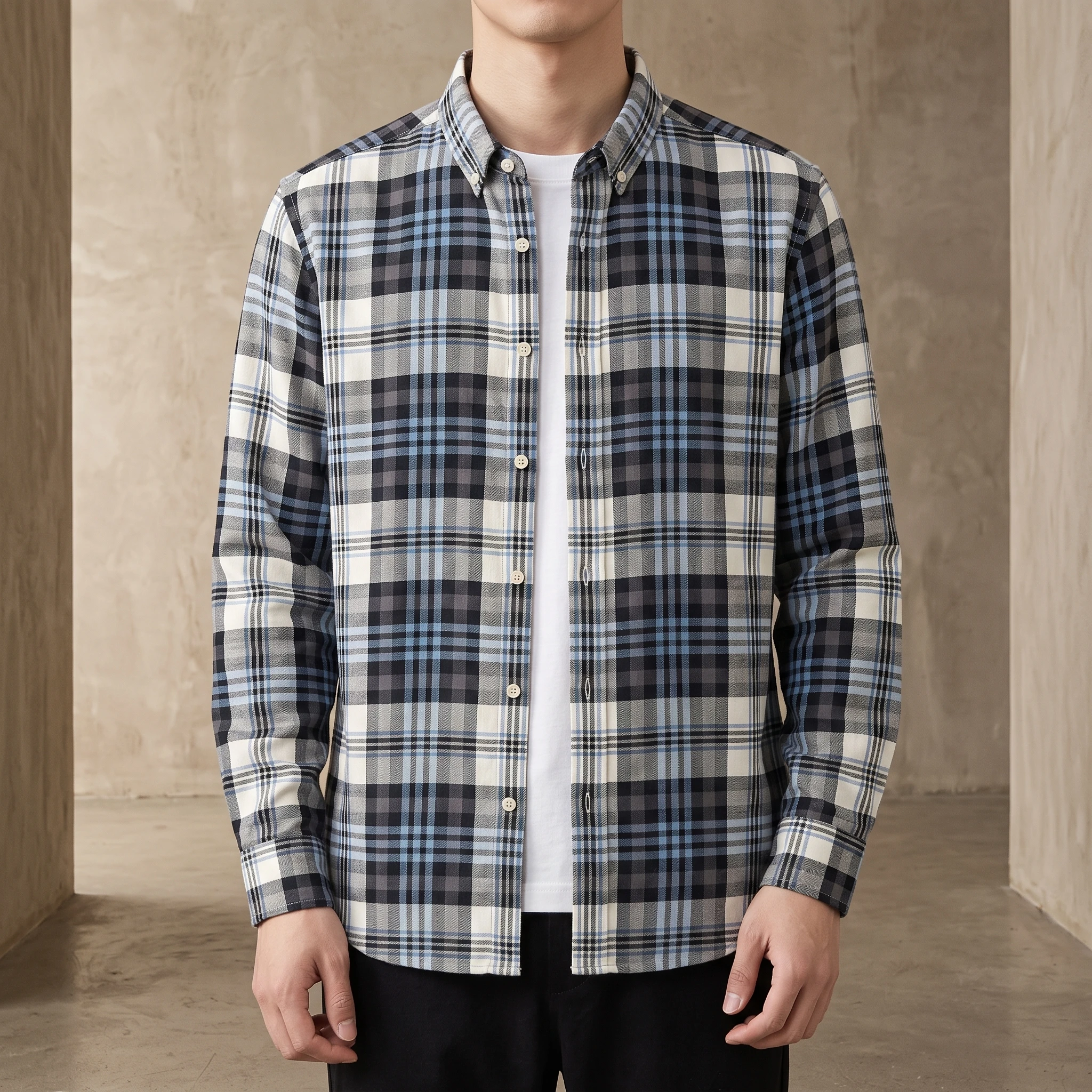 Autumn Men's Youth Versatile Fashion Striped Long Sleeved Shirt with High-quality Comfortable Pure Cotton Plaid Shirt Collar