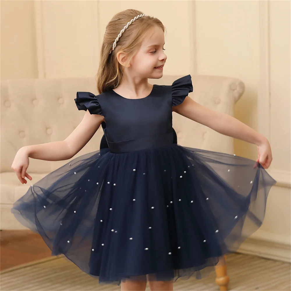 Toddler Girl Flower Birthday Tulle Dress Backless Bow Wedding Gown Kids Party Wear Princess Blue Dress Baby Girl Bowknot Dresses