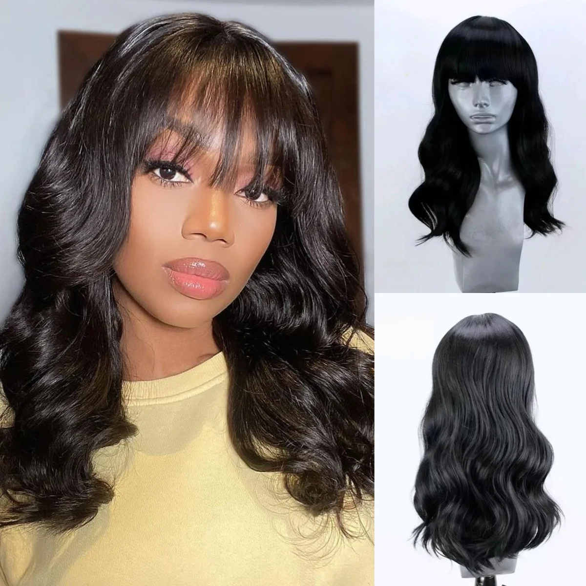 

Black Wig Short Bob Body Wave Lace Front Wig With Bangs 13X4 HD Pre Plucked Synthetic Lace Frontal Wig Heat Resistant pelucas
