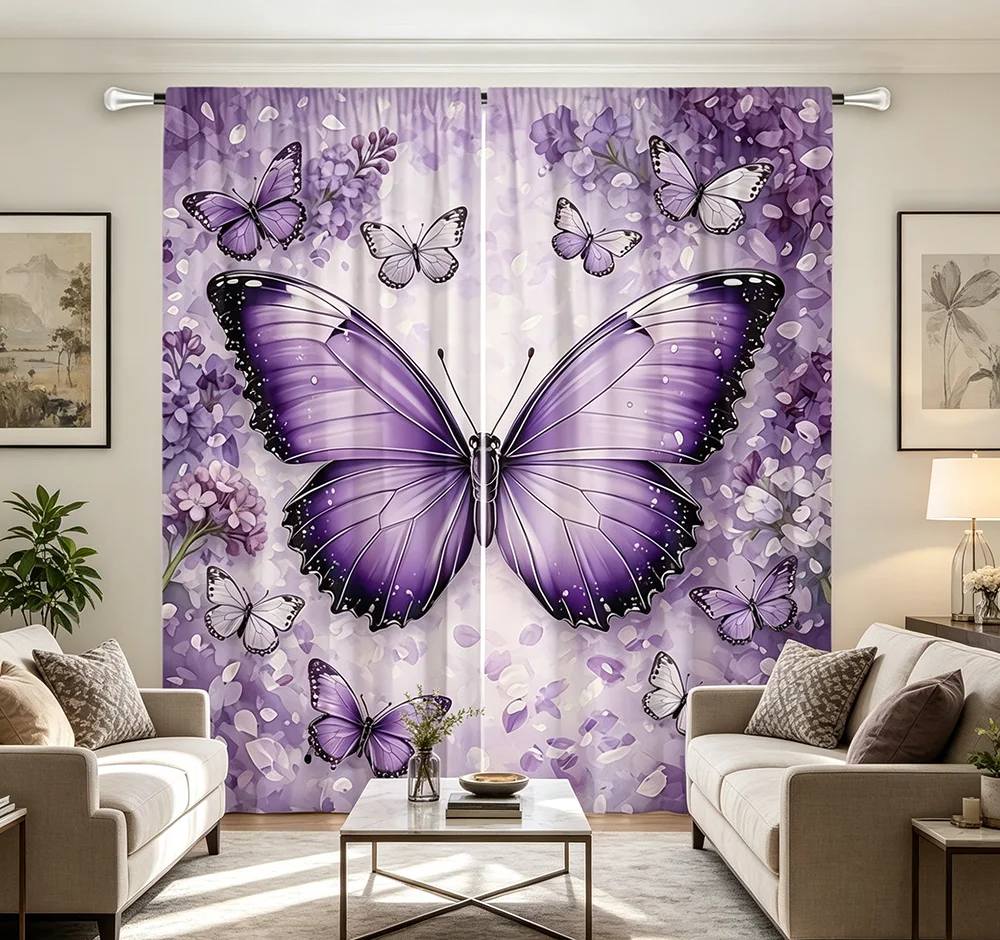 2PCS Digital Printed Curtains, Dreamy Purple Butterfly Magical Fantasy, Modern Home Decor Style for Living Room Bedroom Decor