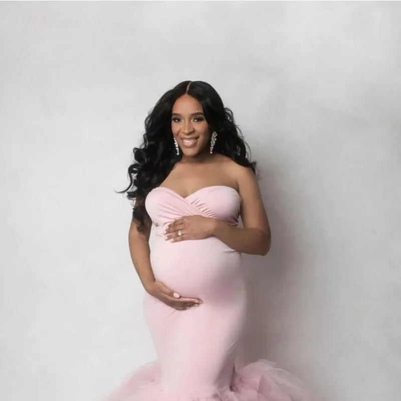 Royal Blue Mermaid Maternity Gown Photography Dress - Strapless Stretch Ruffled Tulle Babyshower Gown for Maternity Photoshoot