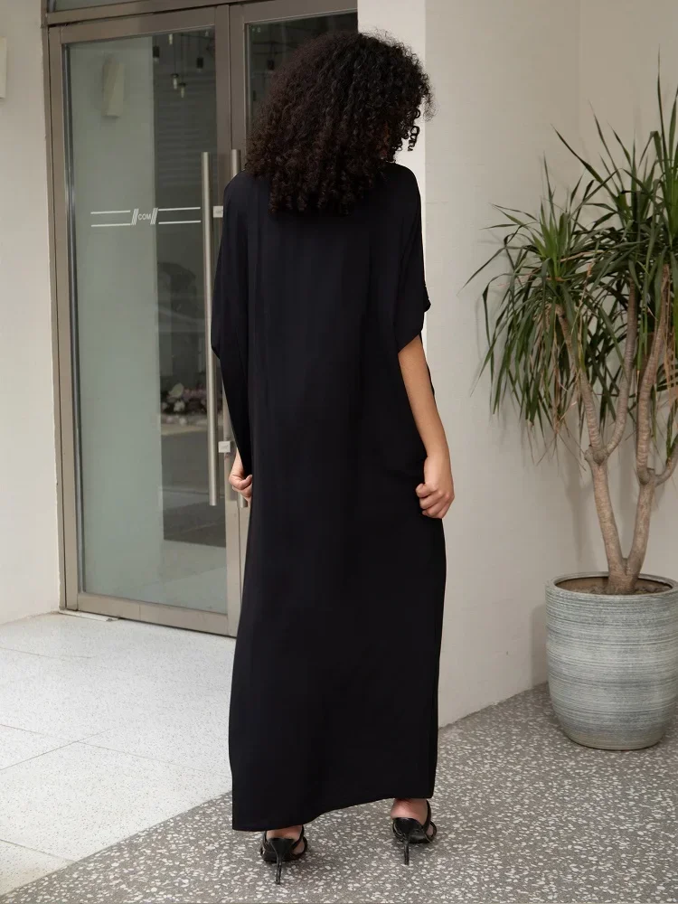 Embroidered Black Women Loose Kaftan Robe Summer Dresses Women 2024 Cozy Bohemian Holiday Beachwear House Dress Outfit Q1657