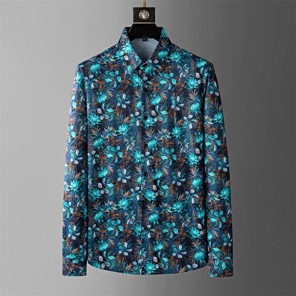 2024 Spring Flower Shirts Men Slim Fit Long Sleeved Casusl Shirts High-quality Business Shirt Social Party Tuxedo Blouse M-5XL