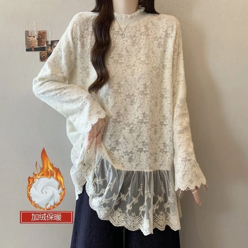 

Half Turtleneck Lace Shirt Women's Autumn and Winter Bottoming Shirt Mid-length Solid Color Pullover Fashionable Casual Top