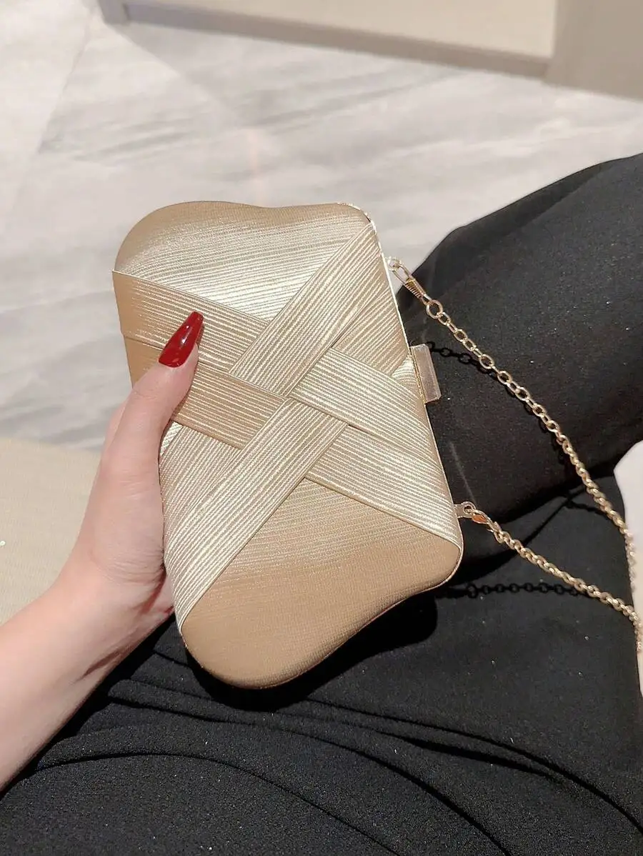 

Elegant Gold-Tone Clutch Bag With Criss-Cross Design Evening Party Bag For Women