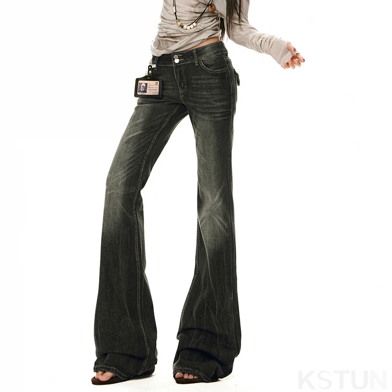 KSTUN Spicy Girl Low-rise Jeans Gray Stretch Women's Slim Flared Pants Office Lady Bell Bottom Trousers Vintage Fashion Pockets
