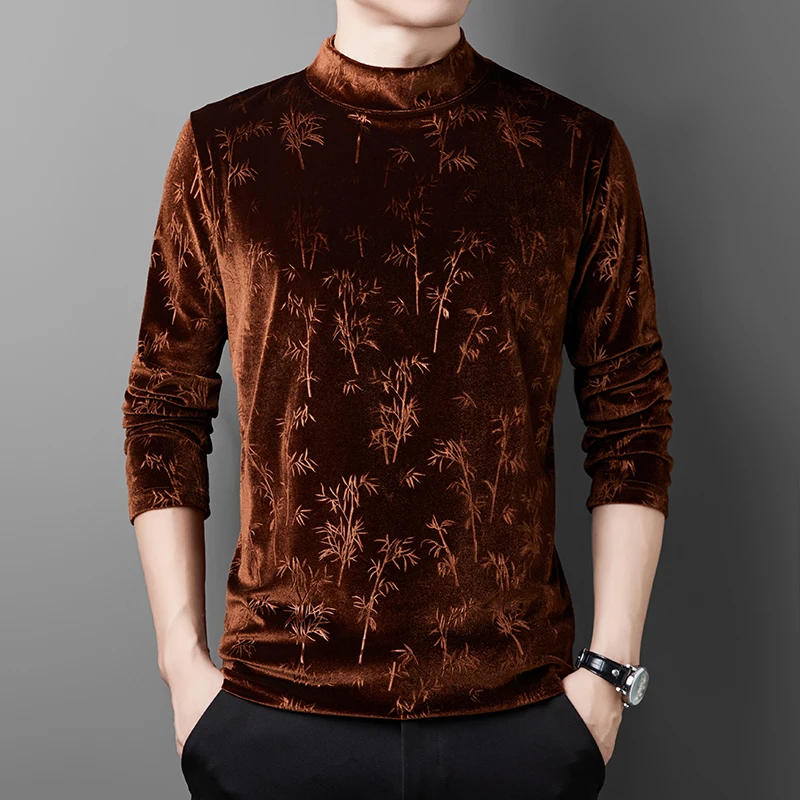 New Arrival Gold Velvet Men\'s Tees 2024 Autumn Fashion Bright Stars Silk Velvet Clothes Tops Male Mock Neck Soft Velour Shirts