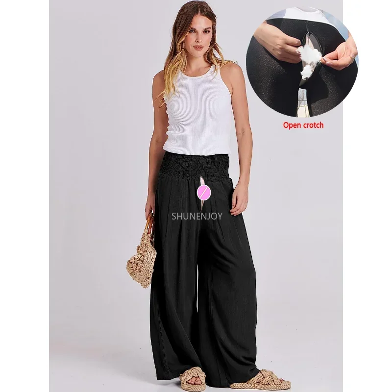 Open Crotch Outdoor Sex Pants Women Summer Bohemia Linen Wide Leg Sweatpants High Waist Casual Peach Butt Leggings Yoga Trousers