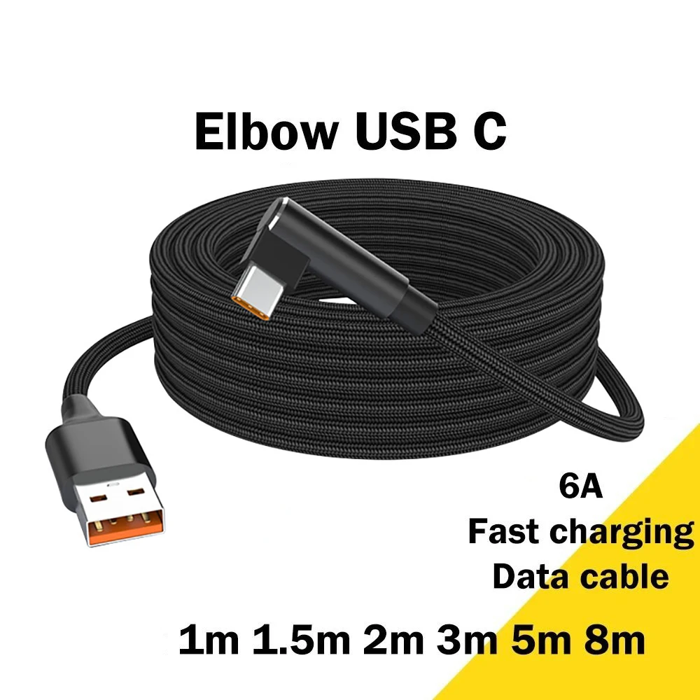 6A USB To Type C Elbow Data Cord Fast Charging Cable for Samsung Huawei Xiaomi OnePlus Camera 1m 2m 3m 5m 8m Extend Charger Wire