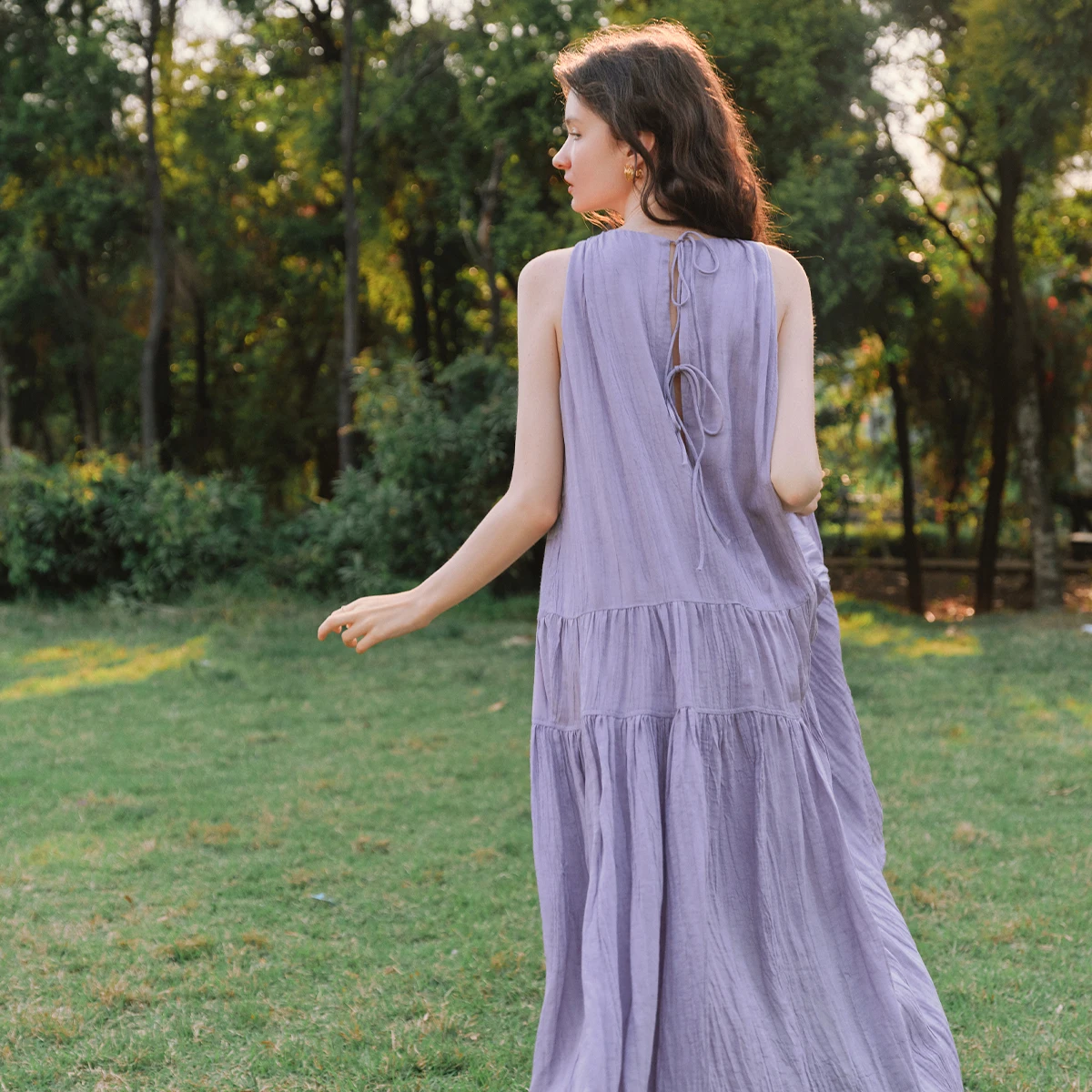 OLrain الصيف الأرجواني فستان عطلة طويلة 2025 بلا أكمام فضفاضة تعادل الظهر عطلة موضة فستان فلوي ملابس امرأة O57XL99228 #4