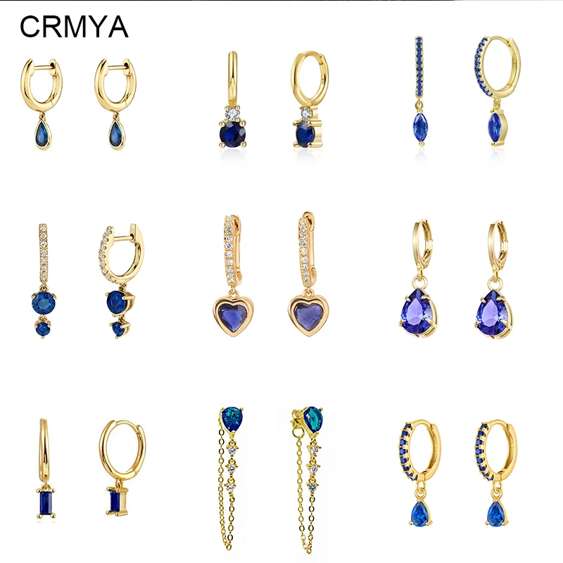 CRMYA Gold color Dangle Earrings For Women Vintage Famale Piercing Royal Blue CZ Zircon Drop Earrings 2023 Jewelry Wholesale