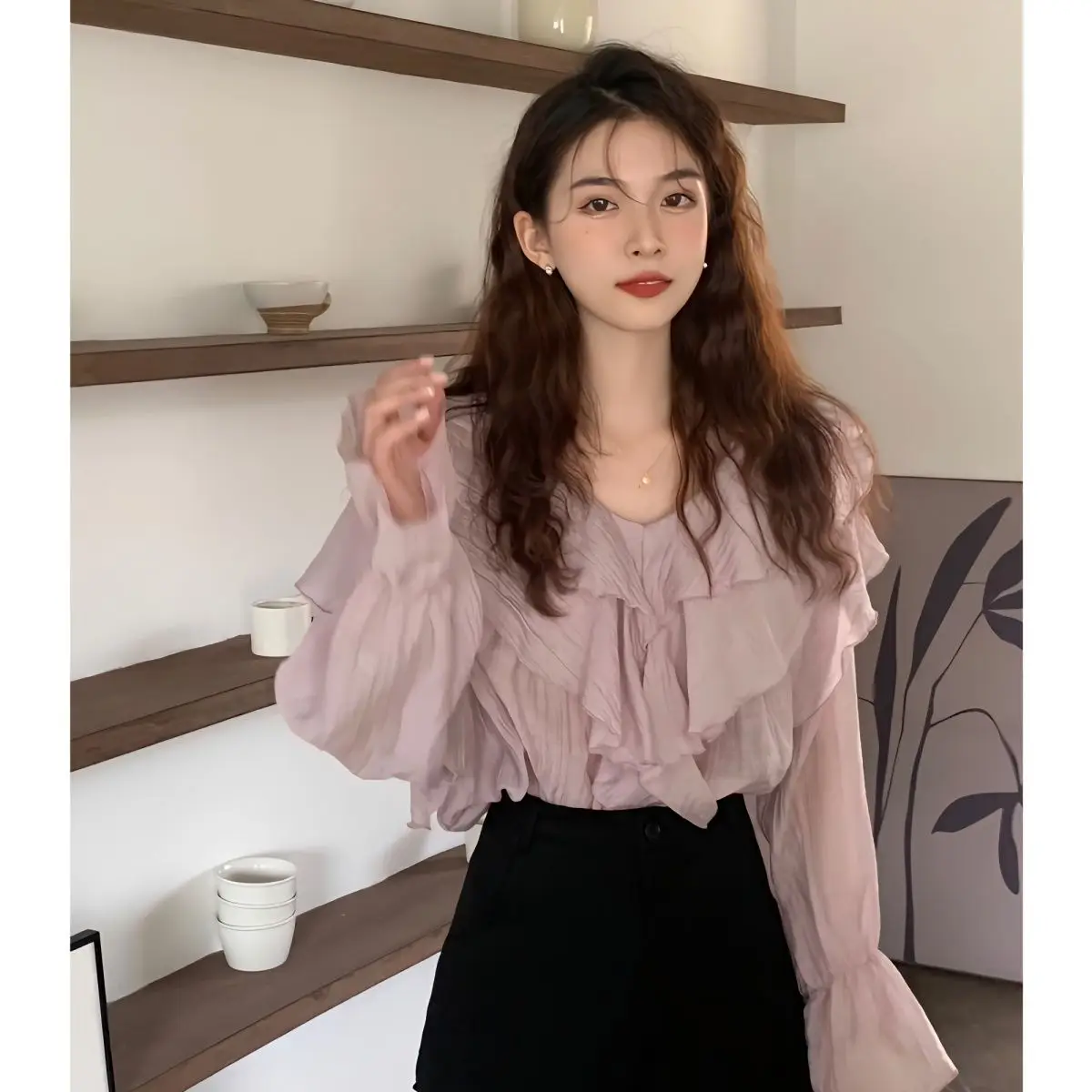 Solid Blouse Women All-match Ruffles V-neck Loose Preppy Style Long Sleeve Simple Fashion Thin Breathable Streeetwear Ins Slim