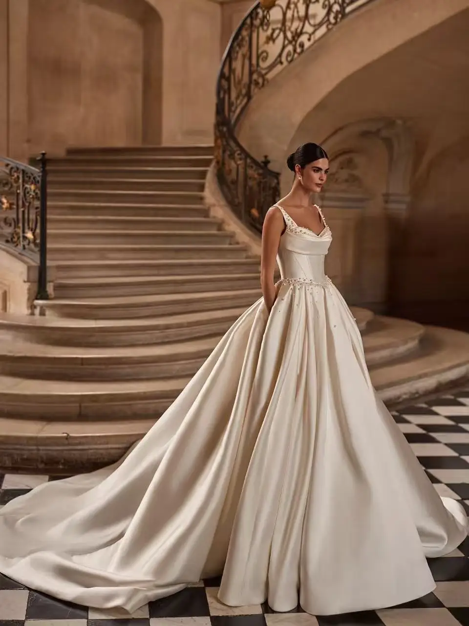 Luxury Satin Wedding Dress Draped Neck Pearl Beaded Ball Gown Bridal Gown With Pockets Cathedral Train Custom Made Elegant Dress