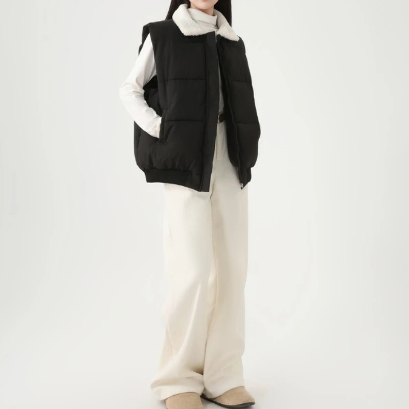 Women Parkas Vest Coats Solid Down Coats Zipper Turndown Fur Collar Sleeveless Straight Fit Thick Casual Office Lady Winter 2025