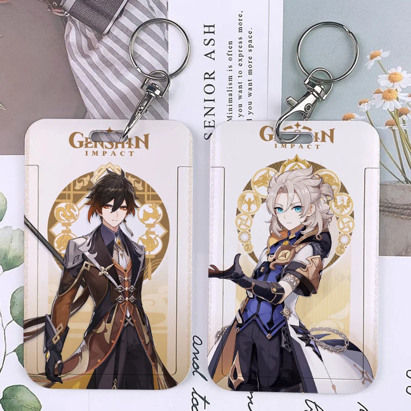 Figures Chains Student Card Holder Geo Zhongli Albedo Game Keychains Badge Business Bank Bus ID Credit Cards Holders Keychain