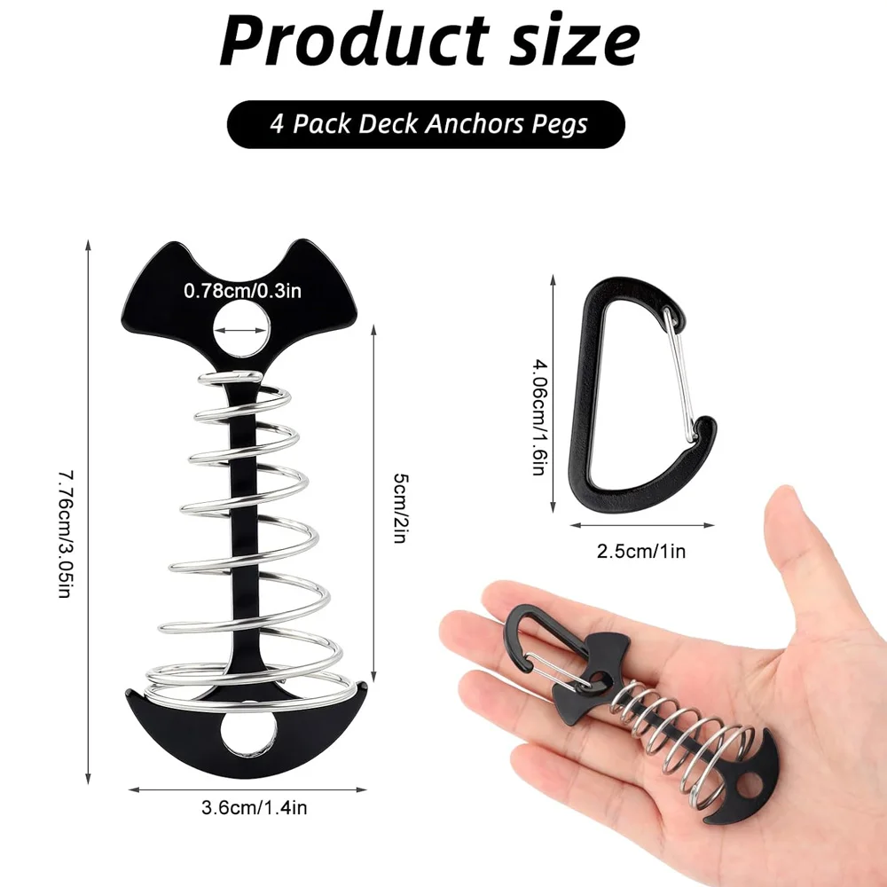 4 Pack Deck Anchors Pegs with Carabiners Aluminum Adjustable Rope Tensioner For Tents Canopies Camping Accessories