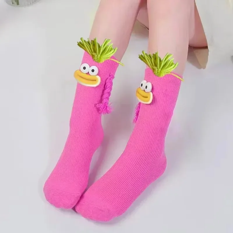 1-10Pairs Harajuku Patchwork Color Block Socks with Braid Detail Ugly Doll Print Mid Calf Crew Socks for Y2K Street Style