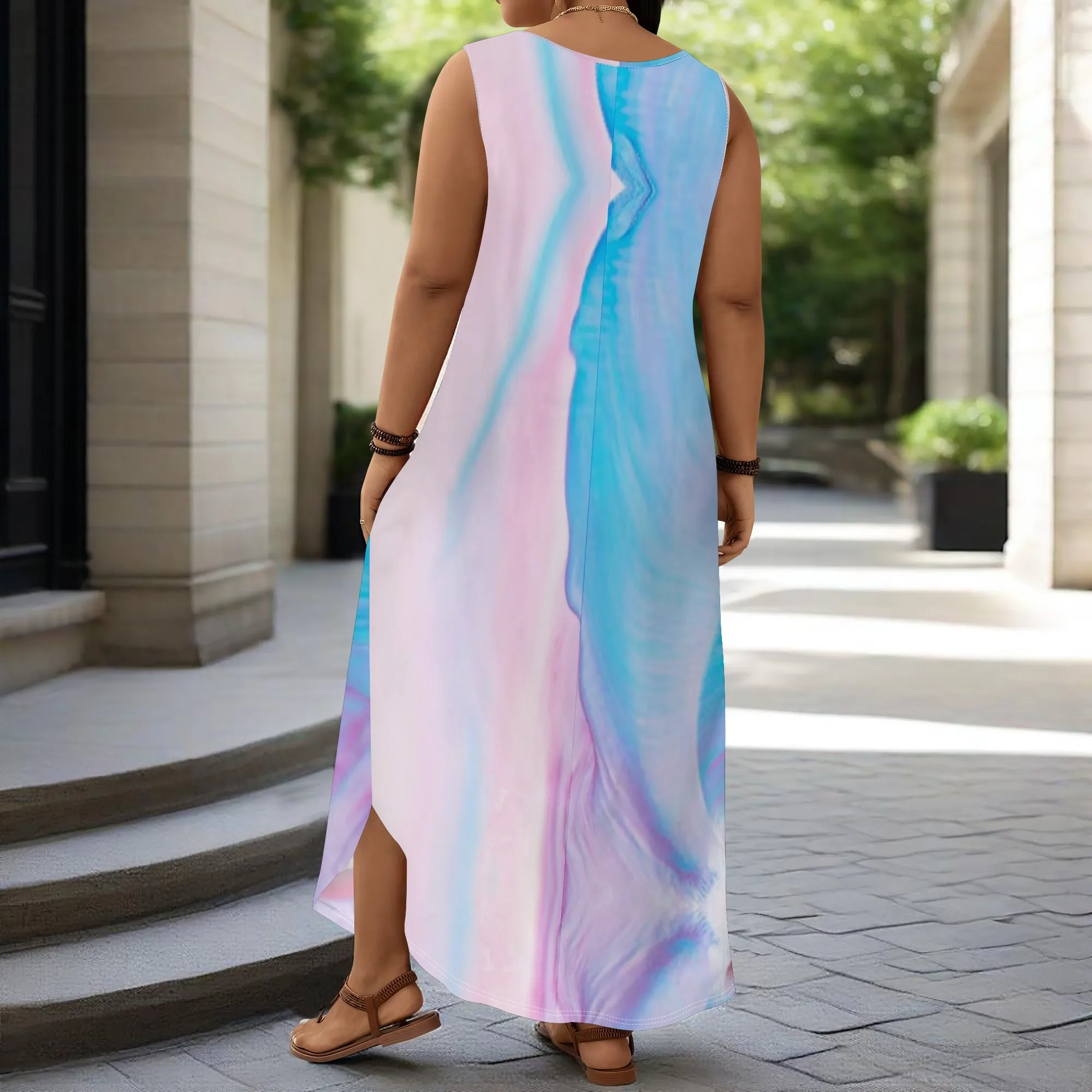 Blue Pink Gradient Print Dress S‑3XL Sleeveless Loose Fit Maxi Style for Beach Vacation, Summer Party or Resort Brunch Look