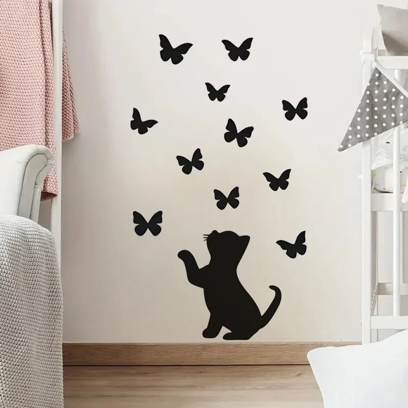 Funny Cat and Butterfly Sticker,  Waterproof Decal for Wall, Cabinet, Refrigrator, Window.