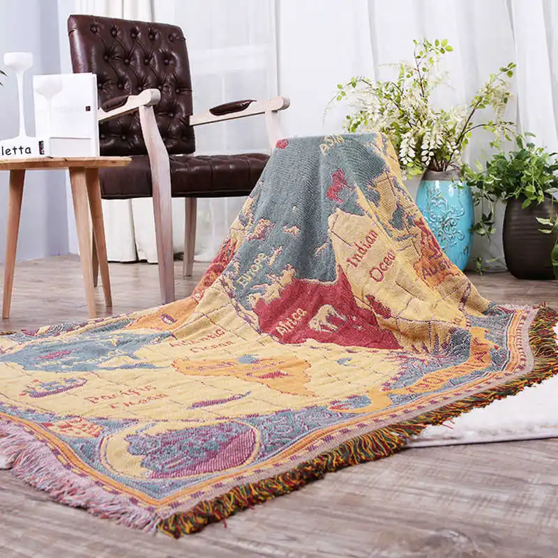 Knitted Sofa Blanket Cotton Throws For Bed Couch Chair 130x180cm World Map Design Warm Quilt For Home Office Travel Camping Car