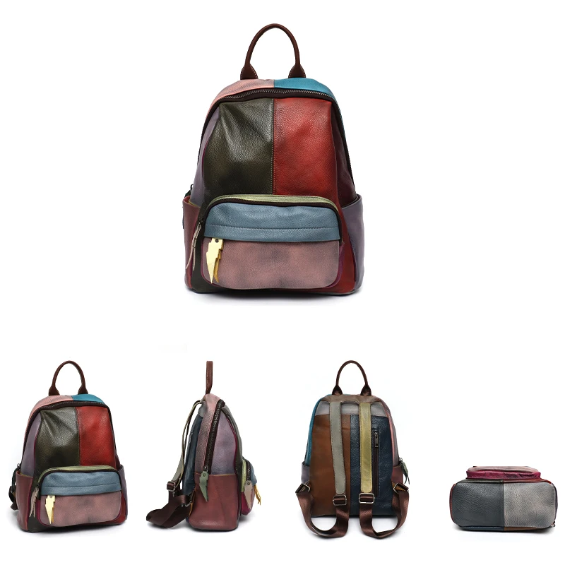 SC Retro Women Genuine Leather Backpack Luxury Colorful Patchwork Multi Pockets Knapsacks Large Soft Casual School Shoulder Bags