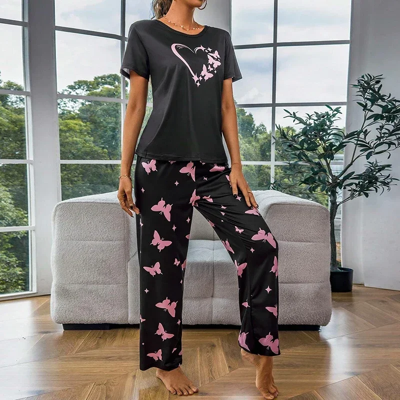 Conjunto de pijama de manga corta para mujer, ropa de dormir suave y cómoda, con estampado de mariposa, para estar en casa, para verano