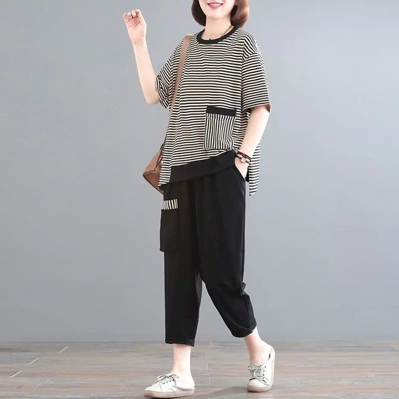 98% Cotton T Shirt Sets for Women Fashion Design Sriped T-shirt and Crop Pants Casual Loose Two Piece Set Summer Trendy Tee Set