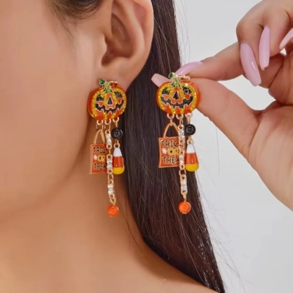 Alloy Material Halloween Earrings Long Tassel Design Dripping Oil Effect Pumpkin Earrings Spider Earrings Festival Wear