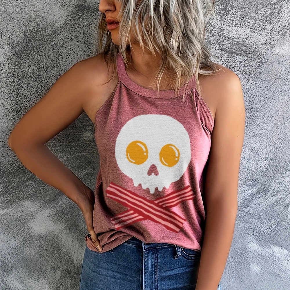 

Eggs & Bacon Skull,Women's Solid Color Versatile Vest,Round Neck Vest,Trendy Tank Tops,Summer Tank Top,Work Out Tank Top